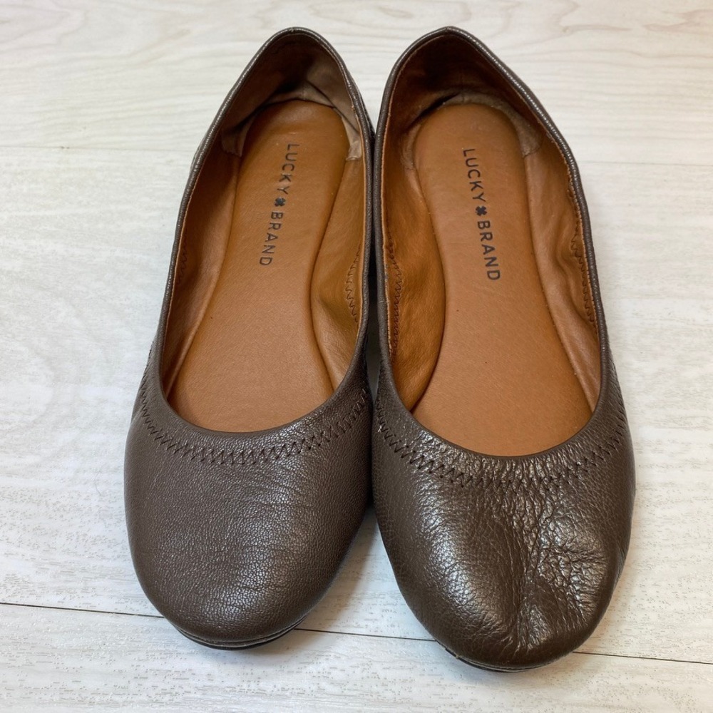 Lucky Brand Womens 8M Ballet Flats Emmie Brown Leather Metallic Whipstitch Heel